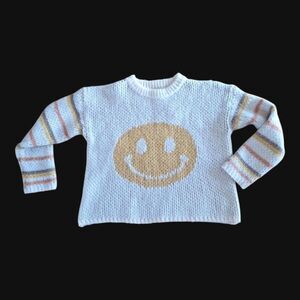 Smiley Face Sweater Yellow Striped Loose Knit Pullover Small by Easel NWT Cream